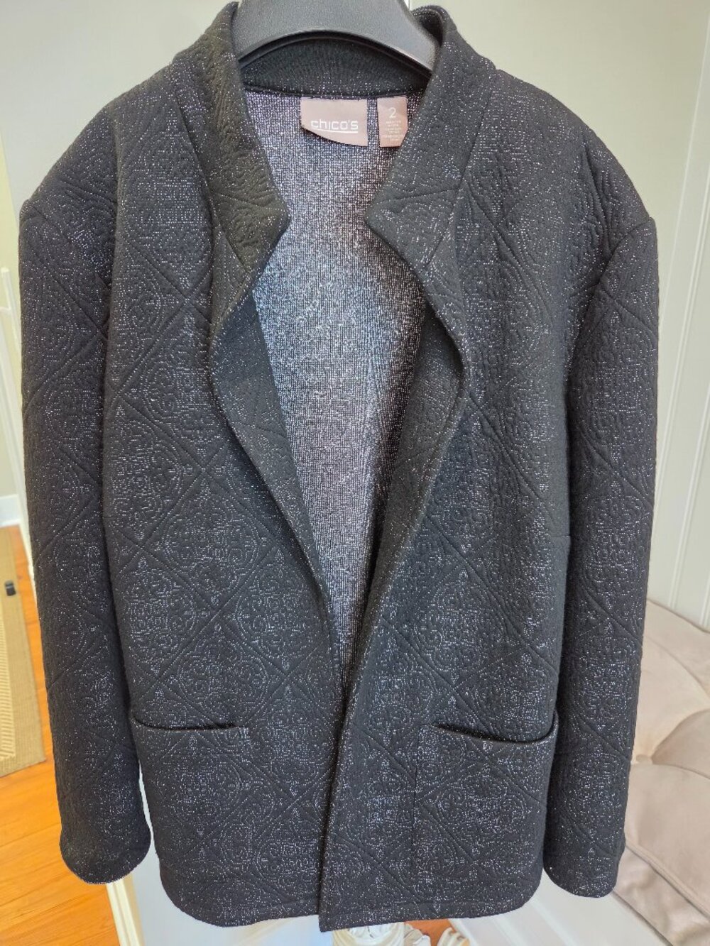 Women’s Chico's Quilted Jacket Coat Size 2 Black Open Front Pockets